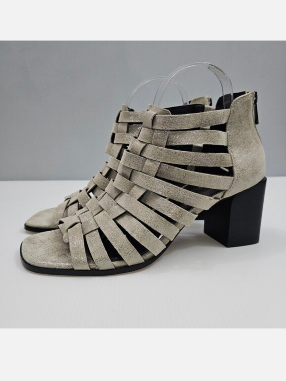 Donald Pliner Pixee Caged Sandal 9.5 Pewter Metallic Leather Block Heel NEW